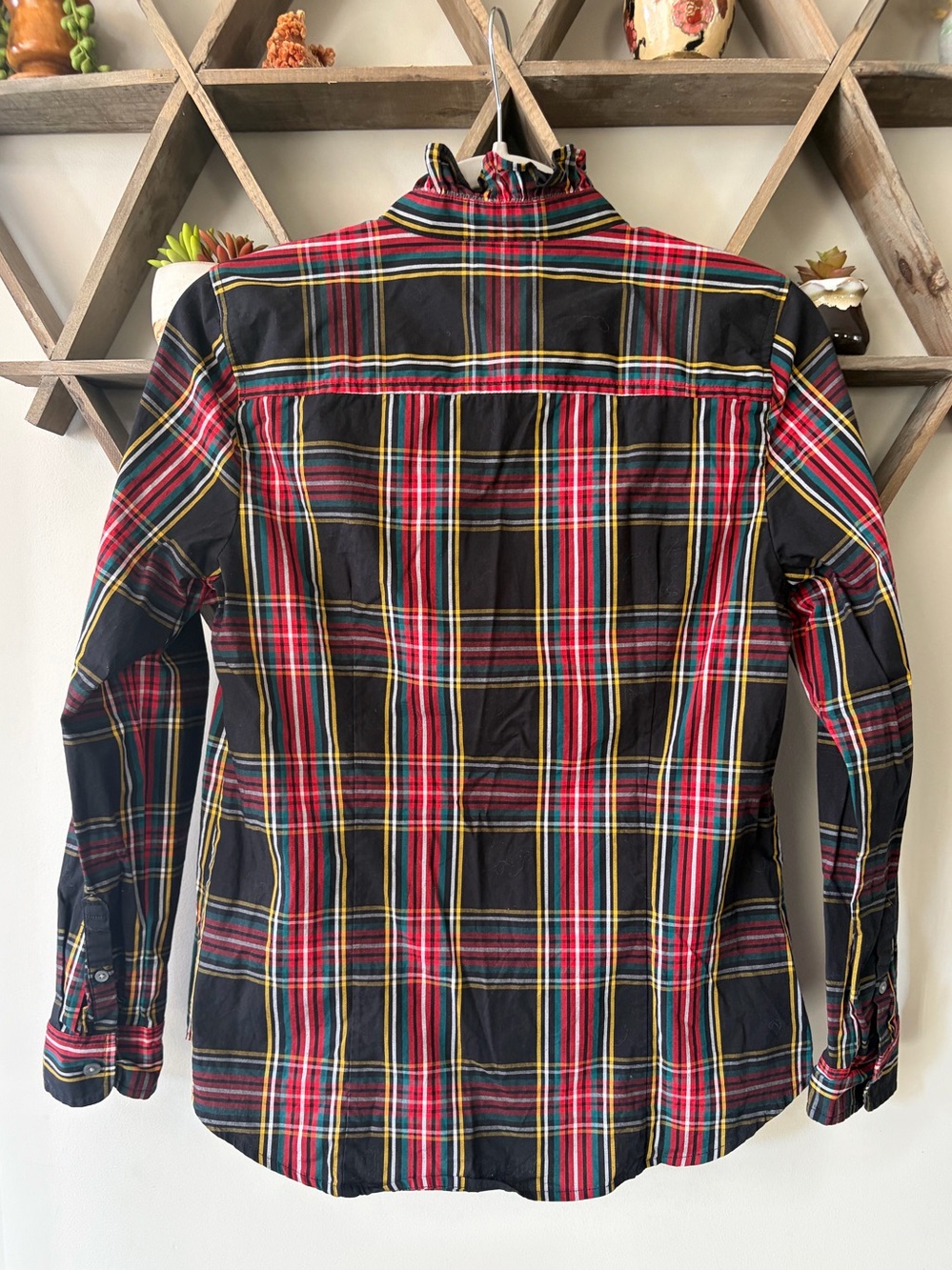 J.Crew Factory Ruffle Plaid Blouse With Rhinestone Buttons. Size small. - Picture 3 of 5